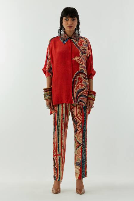 Shop Aseem Kapoor Red Natural Crepe Mandala Shirt Collar And Printed Pant Set at Aza Fashions Shop_Aseem Kapoor_Red Natural Crepe Mandala Shirt Collar And Printed Pant Set_at_Aza_Fashions