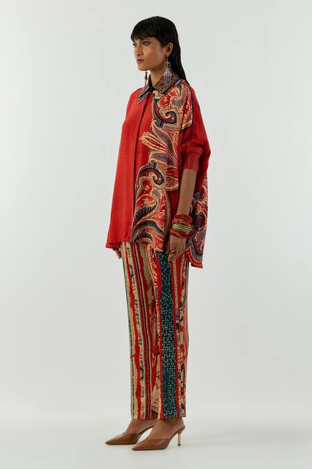 Aseem Kapoor Red Natural Crepe Mandala Shirt Collar And Printed Pant Set Online at Aza Fashions Aseem Kapoor_Red Natural Crepe Mandala Shirt Collar And Printed Pant Set_Online_at_Aza_Fashions