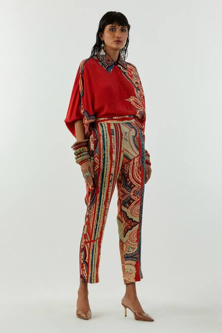 Shop Aseem Kapoor Red Natural Crepe Mandala Shirt Collar And Printed Pant Set Online at Aza Fashions Shop_Aseem Kapoor_Red Natural Crepe Mandala Shirt Collar And Printed Pant Set_Online_at_Aza_Fashions