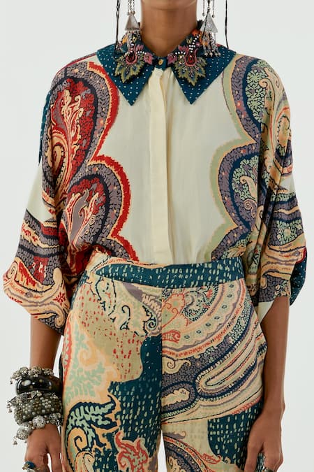 Aseem Kapoor White Crepe Embroidery Collared Mandala Ambi Print Shirt Online at Aza Fashions Aseem Kapoor_White Crepe Embroidery Collared Mandala Ambi Print Shirt _Online_at_Aza_Fashions