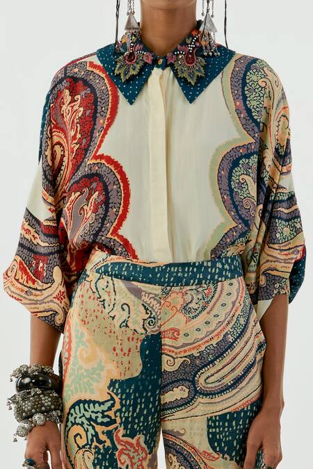 Aseem Kapoor_White Crepe, Satin, Linen Embroidery Split Mandala Ambi Print Shirt And Pant Set_Online_at_Aza_Fashions