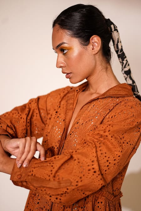 Nikita Mhaisalkar_Orange Cotton Embroidery Collared Schiffli Tiered Dress _Online_at_Aza_Fashions