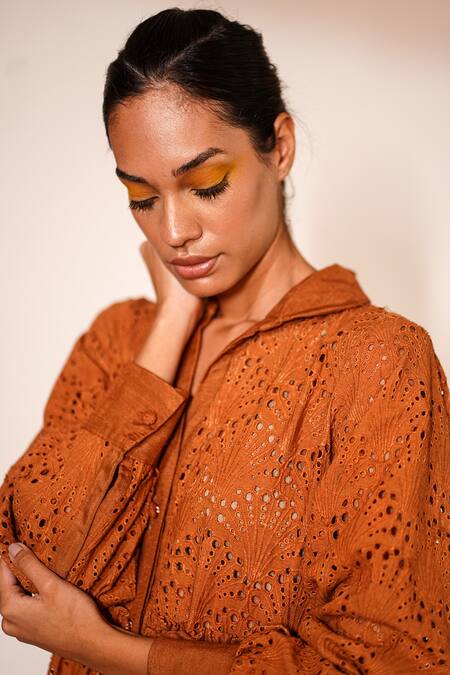 Buy_Nikita Mhaisalkar_Orange Cotton Embroidery Collared Schiffli Tiered Dress _Online_at_Aza_Fashions