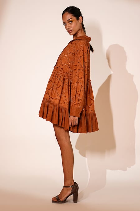 Nikita Mhaisalkar_Orange Cotton Embroidery Collared Schiffli Tiered Dress _at_Aza_Fashions