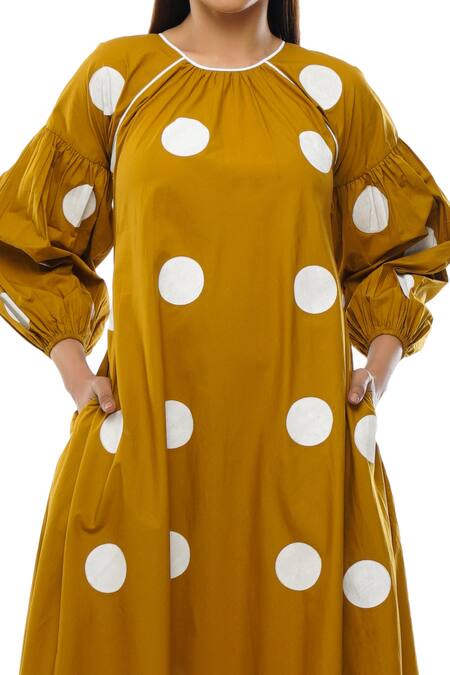 Buy Khat Yellow Cotton Round Neck Polka Dot Pattern Poplin Dress Online at Aza Fashions Buy_Khat_Yellow Cotton Round Neck Polka Dot Pattern Poplin Dress _Online_at_Aza_Fashions