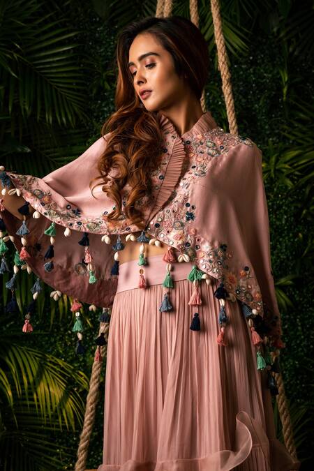Shop Pallavi Poddar Purple Organza Daffodil Embroidered Cape And Tiered Skirt Set Online at Aza Fashions Shop_Pallavi Poddar_Purple Organza Daffodil Embroidered Cape And Tiered Skirt Set _Online_at_Aza_Fashions
