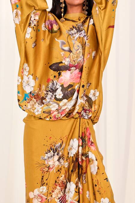 Shop_AK-OK_Yellow Silk Embroidery Round Neck Floral Print Top With Drape Skirt _Online_at_Aza_Fashions