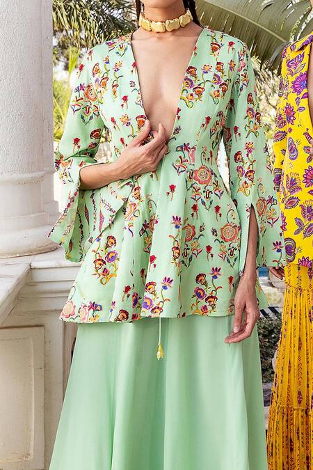Diyarajvvir Green Modal, Georgette Sequins, Beads, Floral Jaal Pattern Top With Sharara Online at Aza Fashions Diyarajvvir_Green Modal, Georgette Sequins, Beads, Floral Jaal Pattern Top With Sharara _Online_at_Aza_Fashions