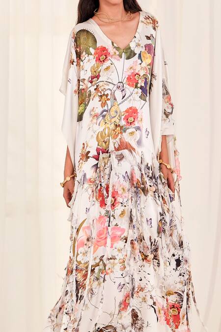 Buy AK-OK White Silk Embroidery V-neck Floral Print Kaftan Online at Aza Fashions Buy_AK-OK_White Silk Embroidery V-neck Floral Print Kaftan _Online_at_Aza_Fashions