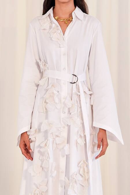 Shop_AK-OK_White Cotton Embroidery Collared Floral Applique Shirt Dress _Online_at_Aza_Fashions