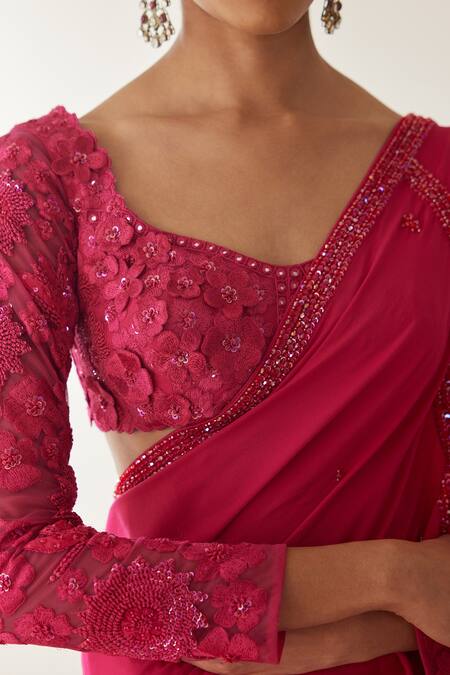 Mishru_Fuchsia Crepe, Tulle Sequins, Beads, Elis Circle Art Deco Saree With Blouse_Online_at_Aza_Fashions