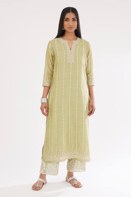Kora Green Silk, Cotton, Chanderi Sequins, Embroidery Round Neck Kurta Set Online at Aza Fashions Kora_Green Silk, Cotton, Chanderi Sequins, Embroidery Round Neck Kurta Set _Online_at_Aza_Fashions