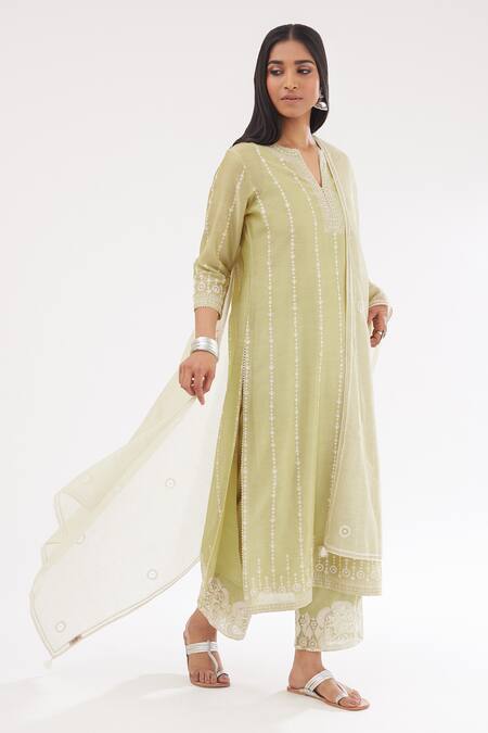 Shop Kora Green Silk, Cotton, Chanderi Sequins, Embroidery Round Neck Kurta Set Online at Aza Fashions Shop_Kora_Green Silk, Cotton, Chanderi Sequins, Embroidery Round Neck Kurta Set _Online_at_Aza_Fashions