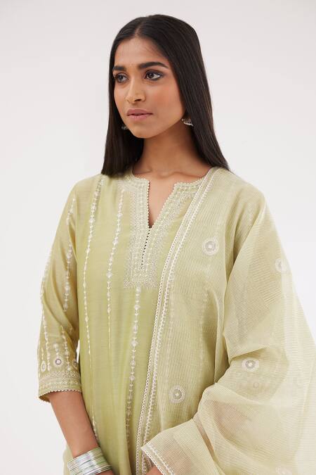 Kora Green Silk, Cotton, Chanderi Sequins, Embroidery Round Neck Kurta Set at Aza Fashions Kora_Green Silk, Cotton, Chanderi Sequins, Embroidery Round Neck Kurta Set _at_Aza_Fashions