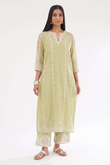 Kora Green Cotton, Chanderi Sequins, Embroidery Round Block Print Straight Kurta Set Online at Aza Fashions Kora_Green Cotton, Chanderi Sequins, Embroidery Round Block Print Straight Kurta Set _Online_at_Aza_Fashions