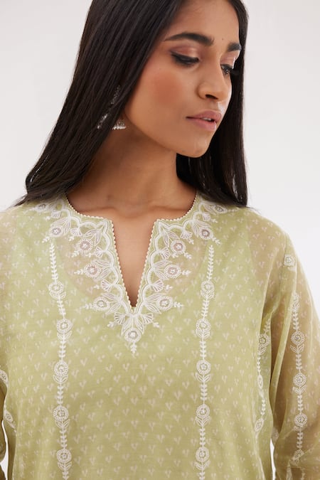 Buy Kora Green Cotton, Chanderi Sequins, Embroidery Round Block Print Straight Kurta Set Online at Aza Fashions Buy_Kora_Green Cotton, Chanderi Sequins, Embroidery Round Block Print Straight Kurta Set _Online_at_Aza_Fashions