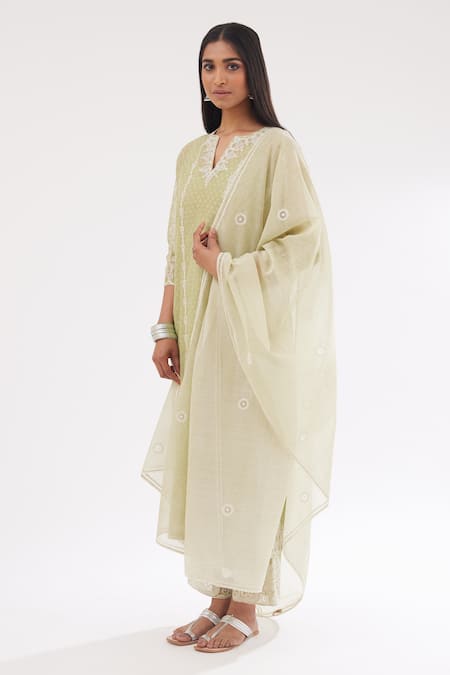 Kora Green Cotton, Chanderi Sequins, Embroidery Round Block Print Straight Kurta Set at Aza Fashions Kora_Green Cotton, Chanderi Sequins, Embroidery Round Block Print Straight Kurta Set _at_Aza_Fashions