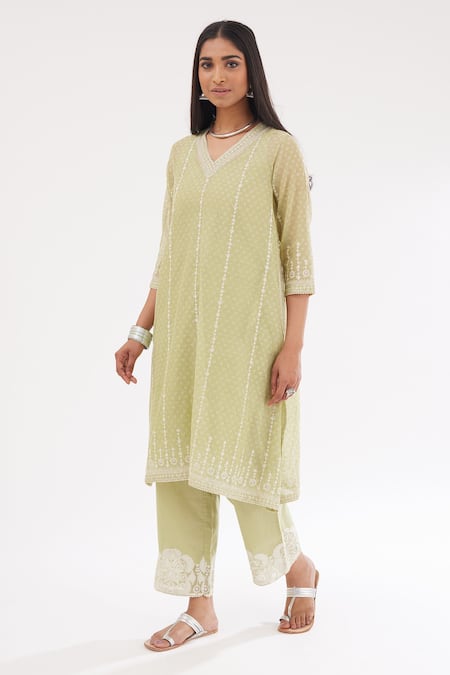 Buy_Kora_Green Cotton, Chanderi Sequins, Hand Block Print Short Kurta Pant Set _Online_at_Aza_Fashions