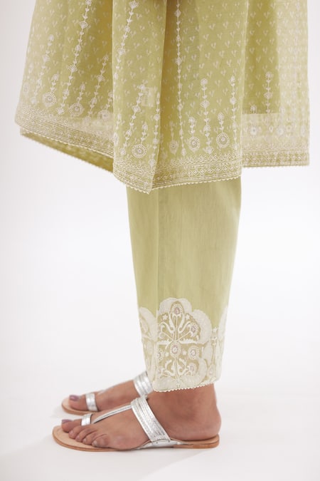 Kora_Green Cotton, Chanderi Sequins, Hand Block Print Short Kurta Pant Set _at_Aza_Fashions