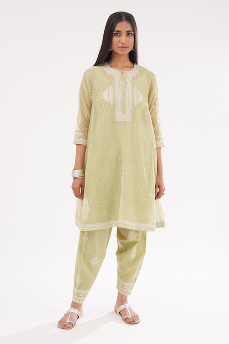 Kora Green Cotton, Chanderi Sequins, Diamonds, Printed Short Kalidar Kurta Set Online at Aza Fashions Kora_Green Cotton, Chanderi Sequins, Diamonds, Printed Short Kalidar Kurta Set _Online_at_Aza_Fashions