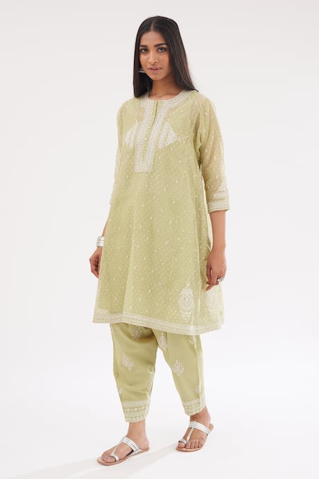 Buy Kora Green Cotton, Chanderi Sequins, Diamonds, Printed Short Kalidar Kurta Set Online at Aza Fashions Buy_Kora_Green Cotton, Chanderi Sequins, Diamonds, Printed Short Kalidar Kurta Set _Online_at_Aza_Fashions