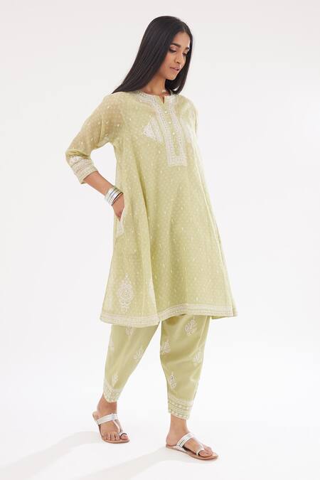 Shop Kora Green Cotton, Chanderi Sequins, Diamonds, Printed Short Kalidar Kurta Set Online at Aza Fashions Shop_Kora_Green Cotton, Chanderi Sequins, Diamonds, Printed Short Kalidar Kurta Set _Online_at_Aza_Fashions