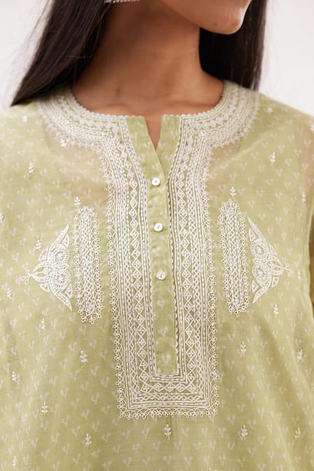 Buy Kora Green Cotton, Chanderi Sequins, Diamonds, Printed Short Kalidar Kurta Set Buy_Kora_Green Cotton, Chanderi Sequins, Diamonds, Printed Short Kalidar Kurta Set