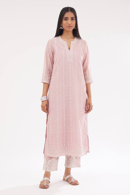 Kora Pink Cotton, Chanderi Sequins, Hand Block Print Straight Kurta Pant Set Online at Aza Fashions Kora_Pink Cotton, Chanderi Sequins, Hand Block Print Straight Kurta Pant Set _Online_at_Aza_Fashions