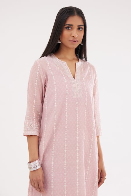 Buy Kora Pink Cotton, Chanderi Sequins, Hand Block Print Straight Kurta Pant Set Online at Aza Fashions Buy_Kora_Pink Cotton, Chanderi Sequins, Hand Block Print Straight Kurta Pant Set _Online_at_Aza_Fashions
