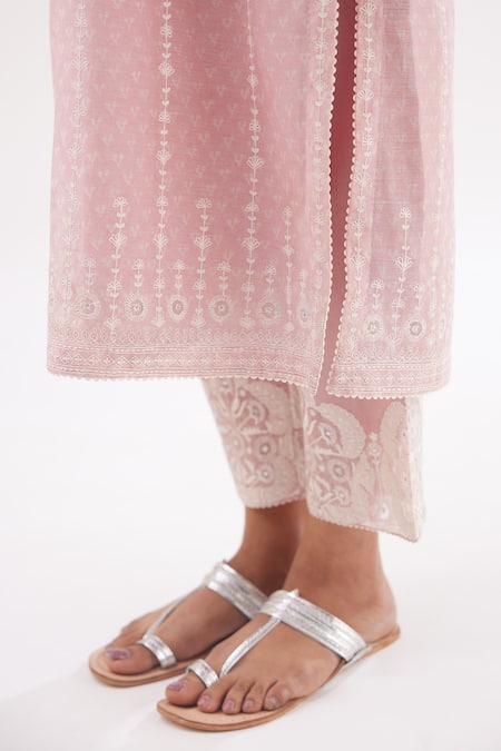 Shop Kora Pink Cotton, Chanderi Sequins, Hand Block Print Straight Kurta Pant Set Online at Aza Fashions Shop_Kora_Pink Cotton, Chanderi Sequins, Hand Block Print Straight Kurta Pant Set _Online_at_Aza_Fashions