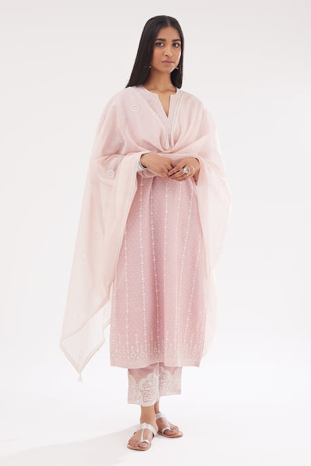 Kora Pink Cotton, Chanderi Sequins, Hand Block Print Straight Kurta Pant Set at Aza Fashions Kora_Pink Cotton, Chanderi Sequins, Hand Block Print Straight Kurta Pant Set _at_Aza_Fashions