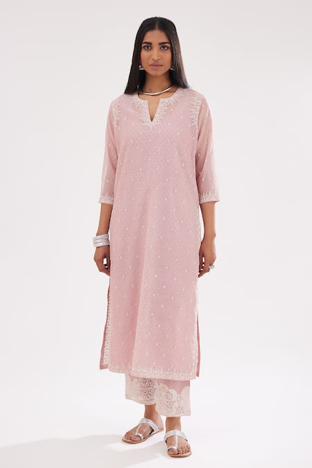 Kora Pink , Satin Sequins, Embroidery Chanderi Straight Kurta Pant Set Online at Aza Fashions Kora_Pink , Satin Sequins, Embroidery Chanderi Straight Kurta Pant Set _Online_at_Aza_Fashions