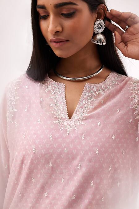 Shop Kora Pink , Satin Sequins, Embroidery Chanderi Straight Kurta Pant Set Online at Aza Fashions Shop_Kora_Pink , Satin Sequins, Embroidery Chanderi Straight Kurta Pant Set _Online_at_Aza_Fashions