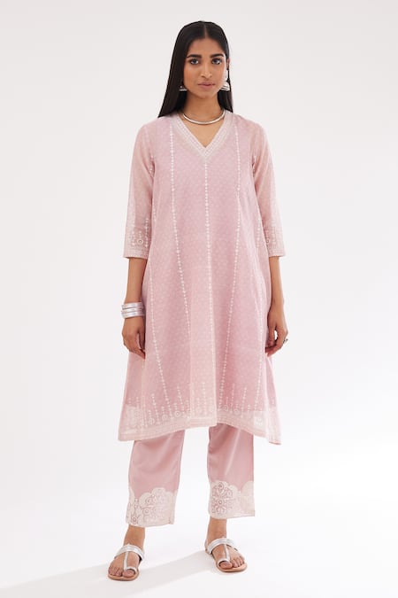 Kora Pink , Satin, Chanderi Hand Block Print A-line Short Kurta Set Online at Aza Fashions Kora_Pink , Satin, Chanderi Hand Block Print A-line Short Kurta Set _Online_at_Aza_Fashions