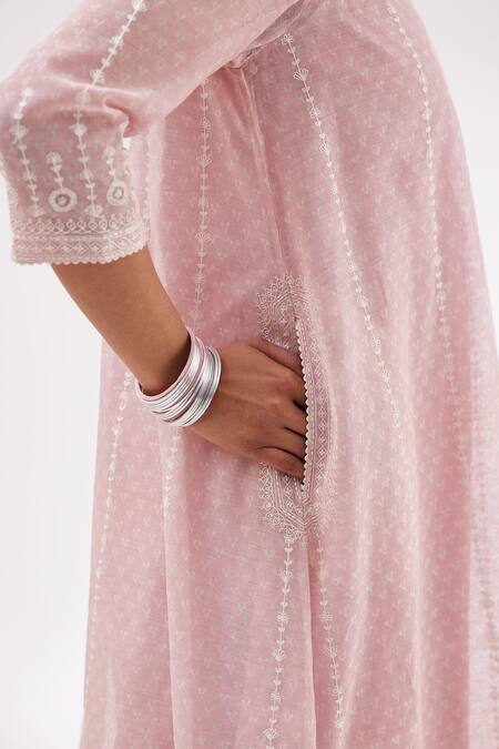 Kora Pink , Satin, Chanderi Hand Block Print A-line Short Kurta Set at Aza Fashions Kora_Pink , Satin, Chanderi Hand Block Print A-line Short Kurta Set _at_Aza_Fashions