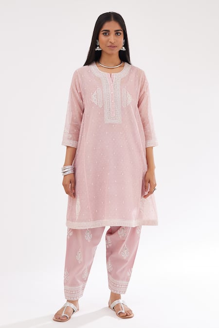 Kora_Pink Cotton, Chanderi Sequins, Diamonds, Embroidery Short Kalidar Kurta Set _Online_at_Aza_Fashions