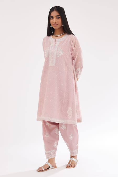 Buy_Kora_Pink Cotton, Chanderi Sequins, Diamonds, Embroidery Short Kalidar Kurta Set _Online_at_Aza_Fashions