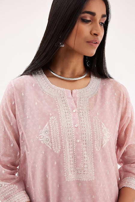 Shop_Kora_Pink Cotton, Chanderi Sequins, Diamonds, Embroidery Short Kalidar Kurta Set _Online_at_Aza_Fashions