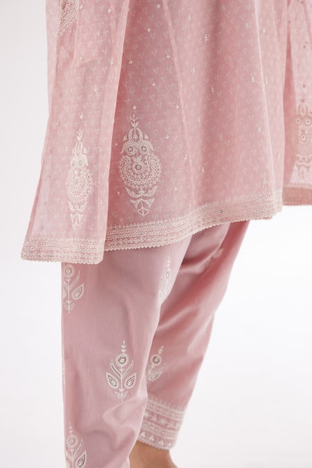 Kora_Pink Cotton, Chanderi Sequins, Diamonds, Embroidery Short Kalidar Kurta Set _at_Aza_Fashions