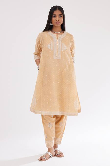 Kora_Peach Cotton, Chanderi Sequins, Diamonds, Embroidery Printed Kalidar Kurta Set _Online_at_Aza_Fashions