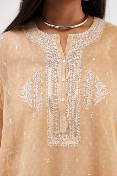 Shop_Kora_Peach Cotton, Chanderi Sequins, Diamonds, Embroidery Printed Kalidar Kurta Set _Online_at_Aza_Fashions
