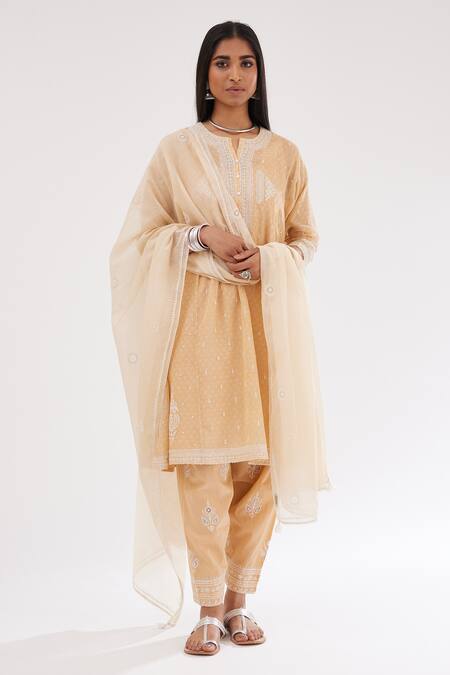 Kora_Peach Cotton, Chanderi Sequins, Diamonds, Embroidery Printed Kalidar Kurta Set _at_Aza_Fashions