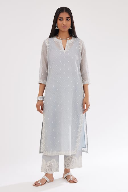 Kora Blue Cotton, Chanderi Sequins, Embroidery Round Neck Printed Straight Kurta Set Online at Aza Fashions Kora_Blue Cotton, Chanderi Sequins, Embroidery Round Neck Printed Straight Kurta Set _Online_at_Aza_Fashions