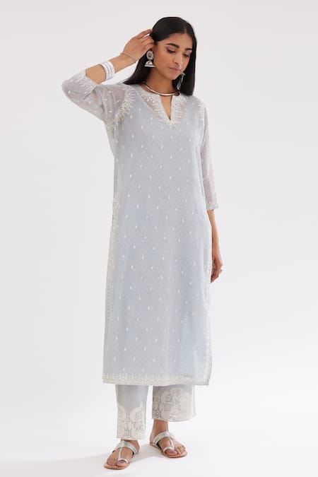 Buy Kora Blue Cotton, Chanderi Sequins, Embroidery Round Neck Printed Straight Kurta Set Online at Aza Fashions Buy_Kora_Blue Cotton, Chanderi Sequins, Embroidery Round Neck Printed Straight Kurta Set _Online_at_Aza_Fashions