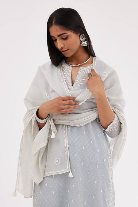 Buy Kora Blue Cotton, Chanderi Sequins, Embroidery Round Neck Printed Straight Kurta Set Buy_Kora_Blue Cotton, Chanderi Sequins, Embroidery Round Neck Printed Straight Kurta Set