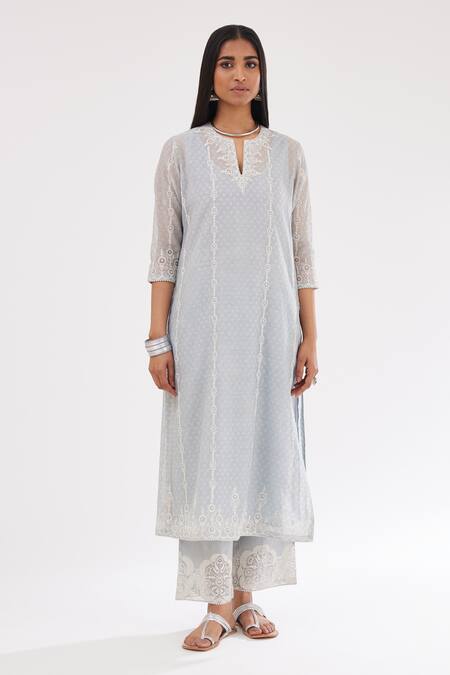 Kora Blue Cotton, Chanderi Sequins, Embroidery Hand Block Print Straight Kurta Set Online at Aza Fashions Kora_Blue Cotton, Chanderi Sequins, Embroidery Hand Block Print Straight Kurta Set _Online_at_Aza_Fashions