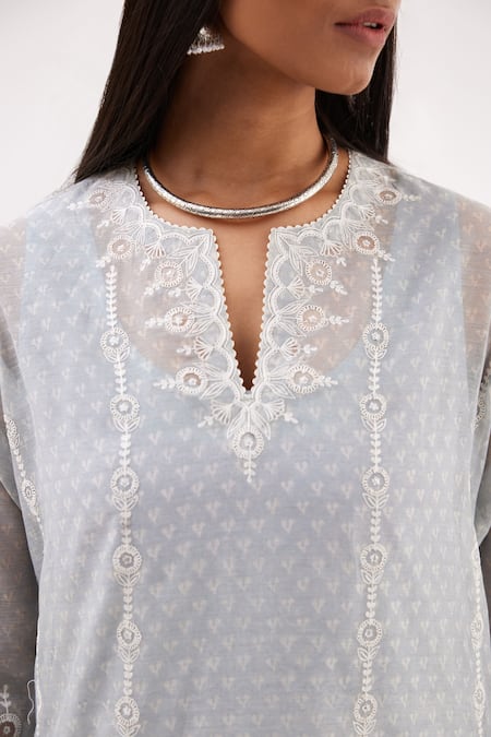 Buy Kora Blue Cotton, Chanderi Sequins, Embroidery Hand Block Print Straight Kurta Set Online at Aza Fashions Buy_Kora_Blue Cotton, Chanderi Sequins, Embroidery Hand Block Print Straight Kurta Set _Online_at_Aza_Fashions