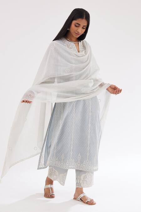 Kora Blue Cotton, Chanderi Sequins, Embroidery Hand Block Print Straight Kurta Set at Aza Fashions Kora_Blue Cotton, Chanderi Sequins, Embroidery Hand Block Print Straight Kurta Set _at_Aza_Fashions