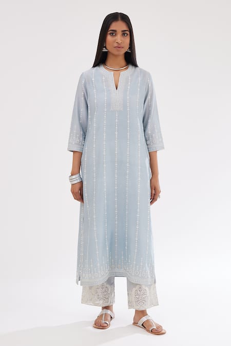 Kora Blue Silk, Cotton, Chanderi Sequins, Embroidery Round Straight Kurta Pant Set Online at Aza Fashions Kora_Blue Silk, Cotton, Chanderi Sequins, Embroidery Round Straight Kurta Pant Set _Online_at_Aza_Fashions