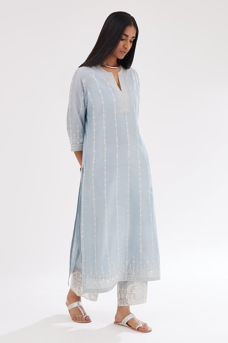 Buy Kora Blue Silk, Cotton, Chanderi Sequins, Embroidery Round Straight Kurta Pant Set Online at Aza Fashions Buy_Kora_Blue Silk, Cotton, Chanderi Sequins, Embroidery Round Straight Kurta Pant Set _Online_at_Aza_Fashions